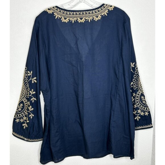 J Jill Shirt Womens 2X Navy Blue Embroidered Tunic Boho Peasant Long Sleeve - Picture 2 of 12